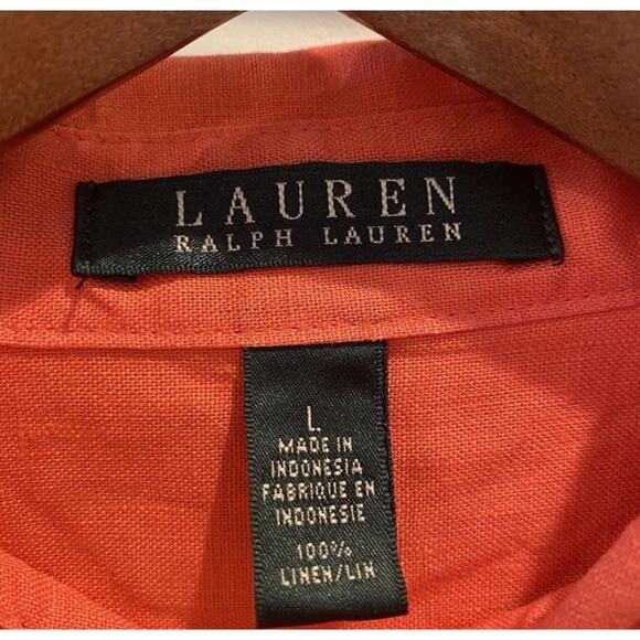 Talbots Top Large L Orange Melon Linen Button Up Roll Tab Lagenlook Boho Coastal - Picture 2 of 14